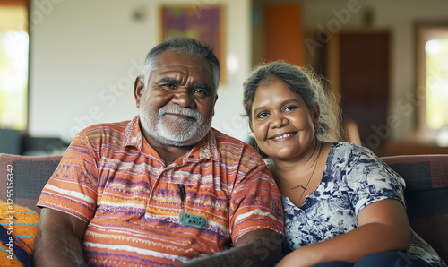 Happy Aboriginal senior couple together in a bright room, family at home, generated ai