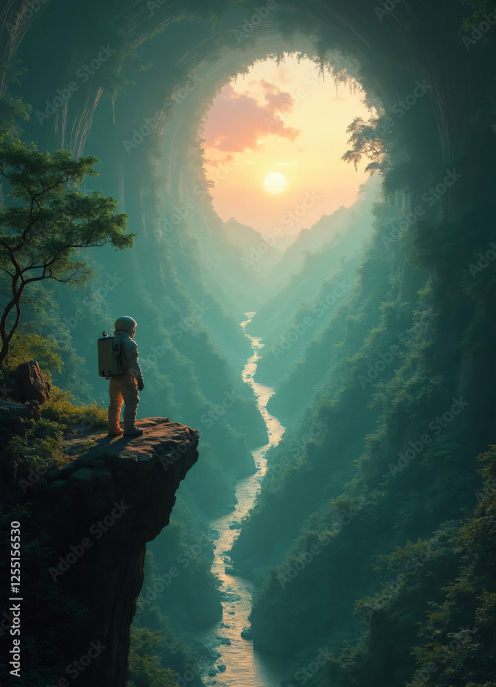 Fototapeta premium Astronaut on Cliff Overlooking River Valley at Sunset in Fantasy Landscape