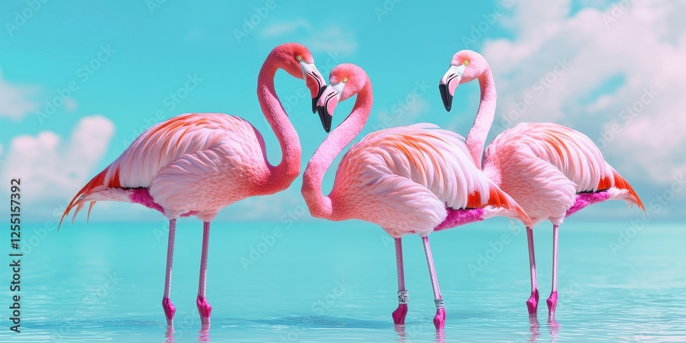 Obraz premium World wildlife day with conservation and awareness idea. Three pink flamingos standing in shallow water.
