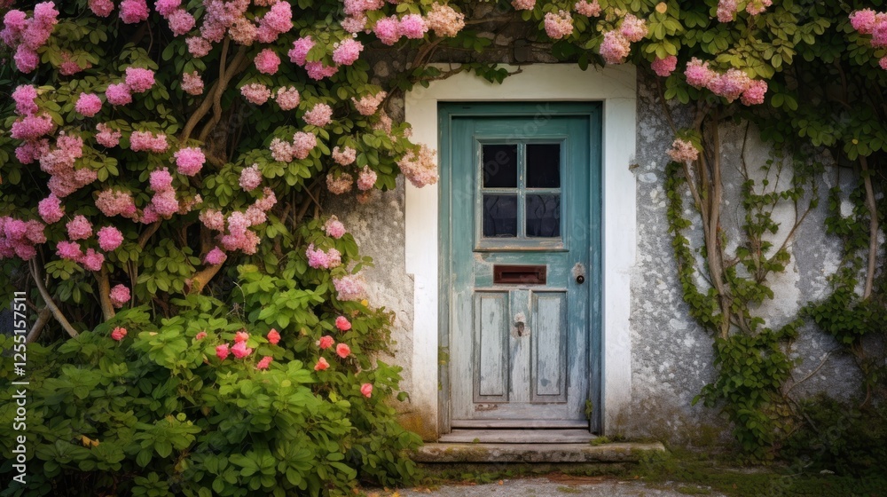 Enchanting doorway with pink blossoms climbing weathered stone walls Enchanting doorway with pink blossoms climbing weathered stone walls