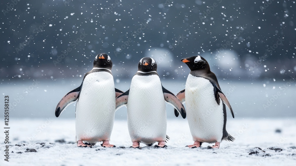 Obraz premium World wildlife day with conservation and awareness idea. Three penguins standing together in falling snow.