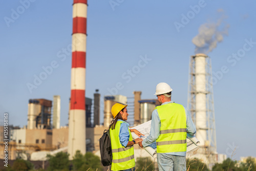 Engineers discussing plans in front of power plant