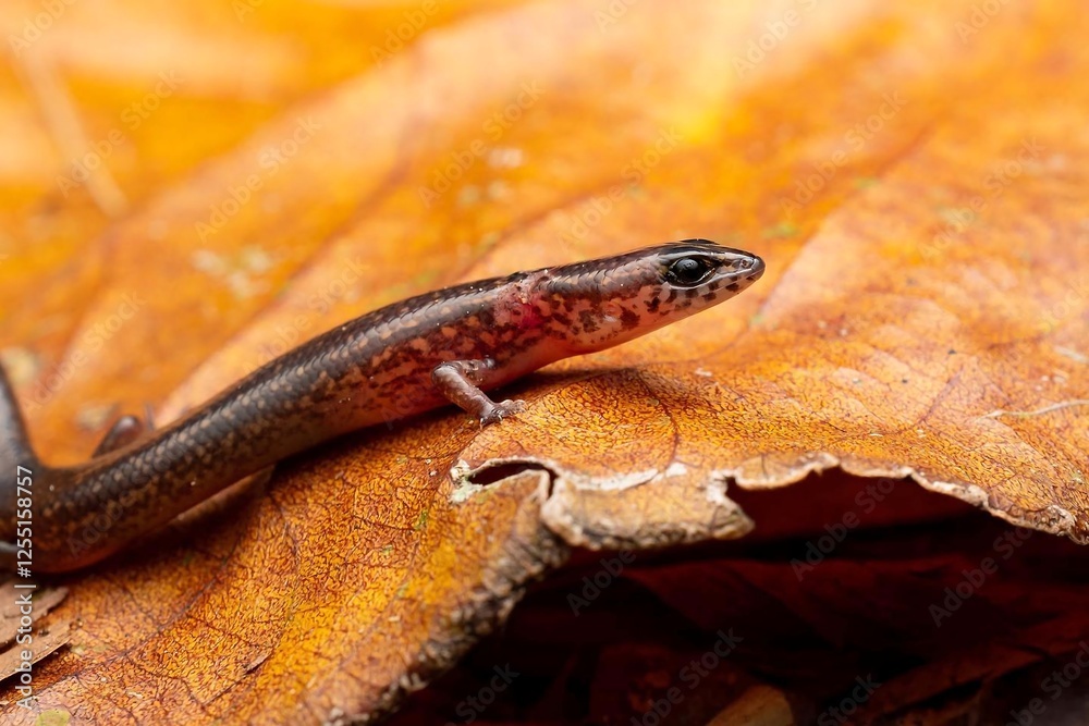 Fototapeta premium Lizard on Autumn Leaves in Nature Setting