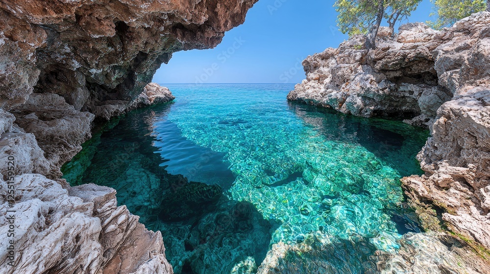Crystal-clear sea cave, rocky coast, summer day, calm water Crystal-clear sea cave, rocky coast, summer day, calm water