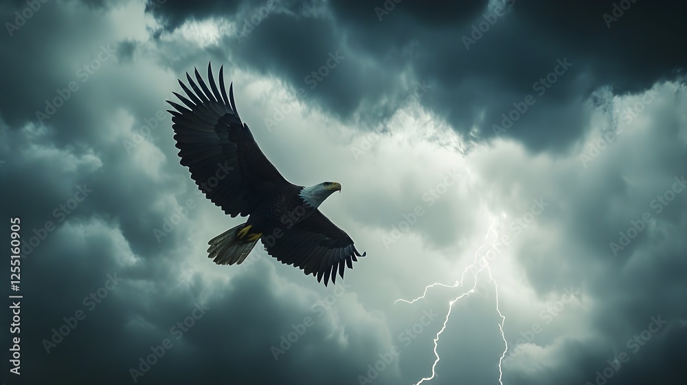 Fototapeta premium A bald eagle soaring through a violent thunderstorm, lightning flashing behind it.
