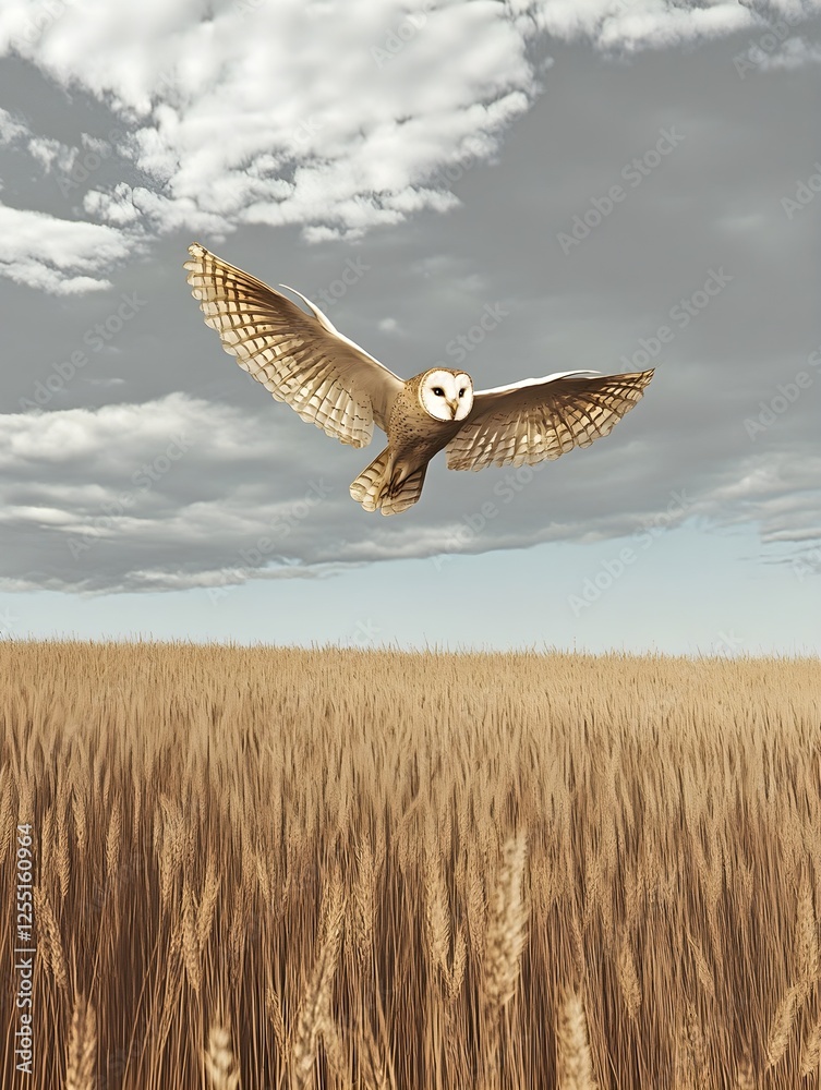 A barn owl gliding silently over an open field, scanning for prey. A barn owl gliding silently over an open field, scanning for prey.