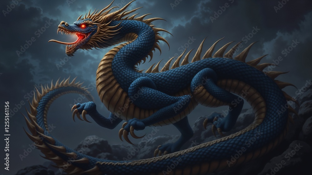 Fototapeta premium Majestic blue dragon perched on rocky terrain under a stormy sky