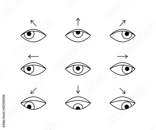 Exercises, workout for eyes of person, line set. Training eye muscles and relaxation for clear vision vision, stretching. Vision correction. Vector illustration