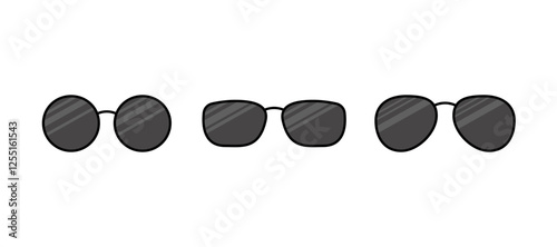 Sunglasses different shapes of frames, eyeglasses set. Circle, square and aviator frame of glasses with black lenses. Vector flat illustration