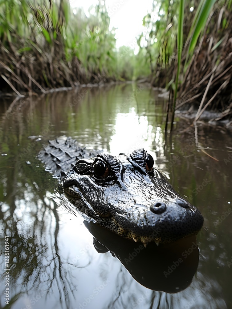 Fototapeta premium A black caiman with only its eyes visible above the still, reflective water.