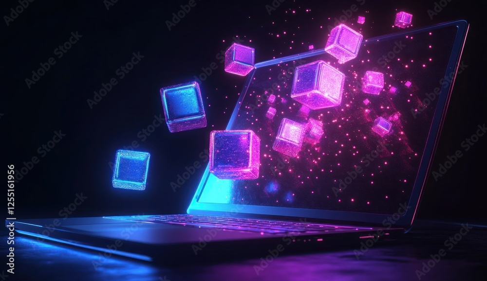 Neon Cubes Emerging from Laptop Screen: Digital Innovation Neon Cubes Emerging from Laptop Screen: Digital Innovation