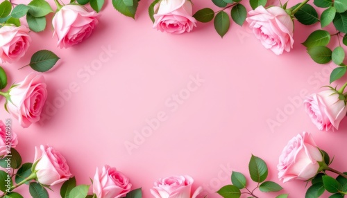 Delicate pink roses surrounded by vibrant green foliage, arranged in a border style on a pastel pink background. This image exudes elegance and charm, perfect for floral or romantic themes.