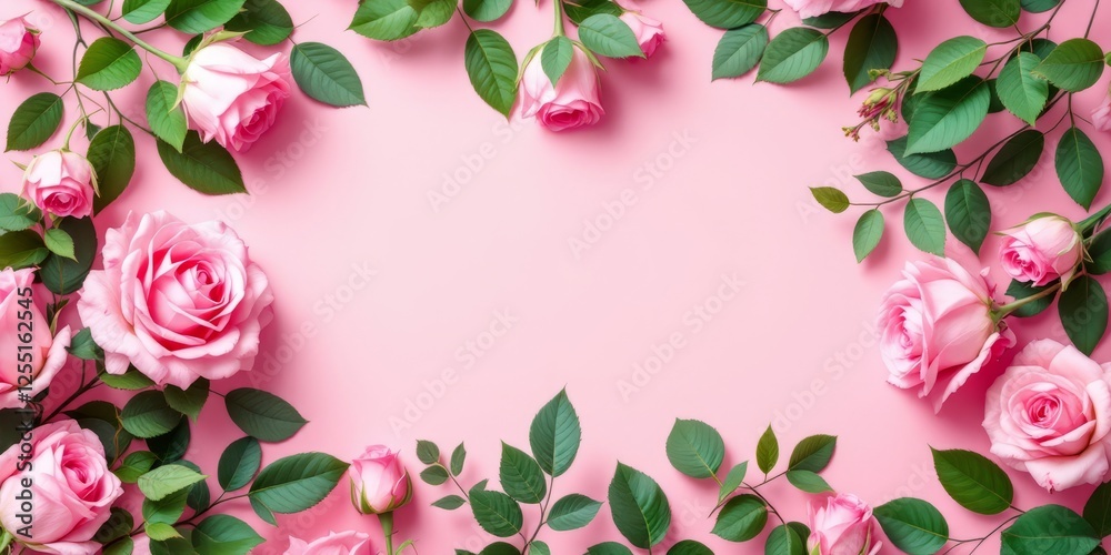 Fototapeta premium Beautiful arrangement of pink roses with fresh green leaves forming an elegant frame against a soft pink background. Ideal for romantic, floral, or decorative themes.