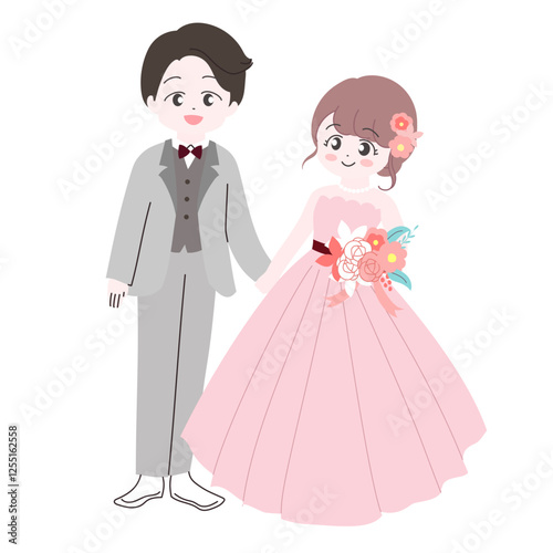 かわいい花嫁と花婿のイラスト　笑顔で手を繋いでいる全身イラスト