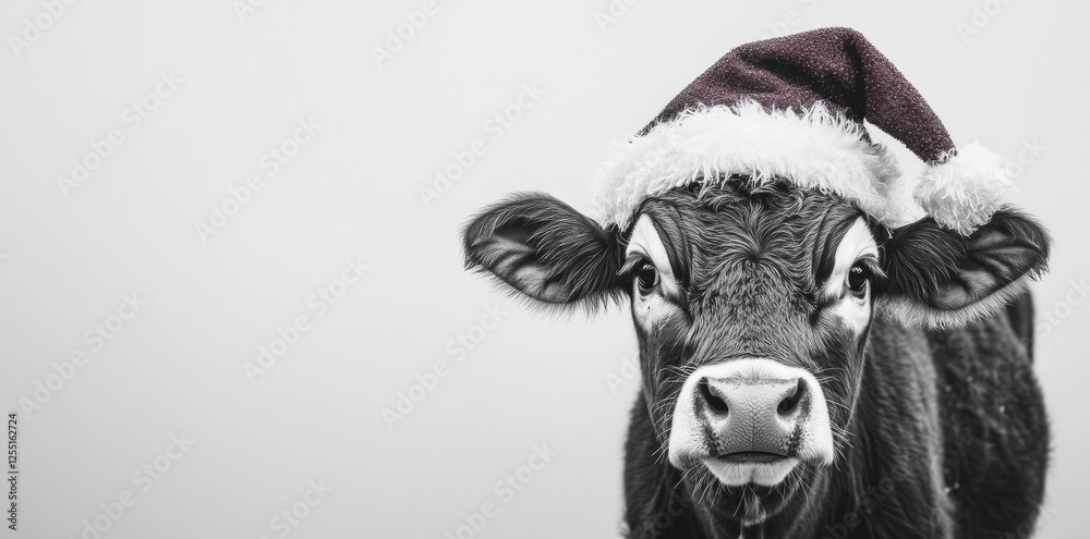 A humorous black and white image of a cow wearing a Santa hat, set against a minimalist gray background. A humorous black and white image of a cow wearing a Santa hat, set against a minimalist gray background.