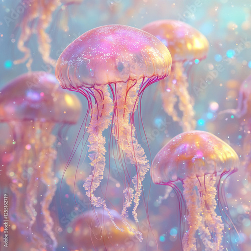 Underwater spectacle of luminous jellyfish creating a magical display in a tranquil ocean setting. Generative AI