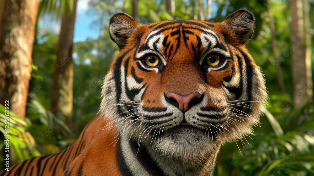 Fototapeta premium Close up of a wild cat head in a lush tropical forest, detailed fur texture, warm orange and brown stripes, bright golden eyes, textured fur, looking