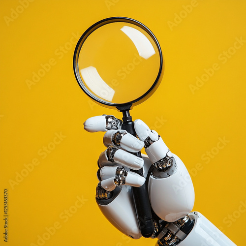 Exploring generative AI with a robotic hand holding a magnifying glass against a vibrant yellow background. Generative AI