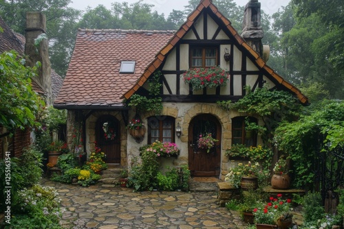 Cozy storybook cottage with ivy-covered walls photo