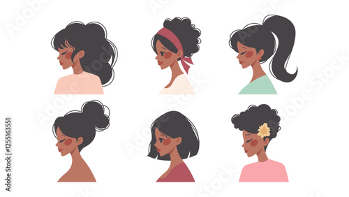 Set of avatars of women with dark skin. Black women in profile. Vector flat illustration