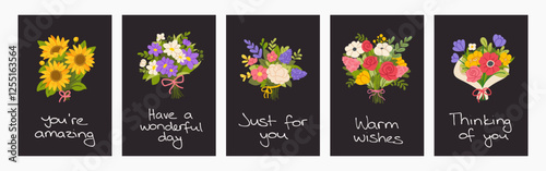 Set of floral greeting cards with wishes. Flat bouquets of flowers on black background with inscriptions. Spring greeting cards design
