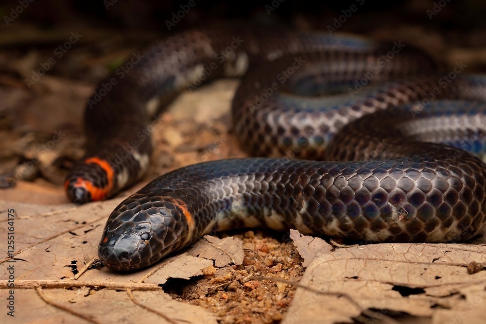 Close-Up of a Colorful Snake on Dry Leaves Close-Up of a Colorful Snake on Dry Leaves