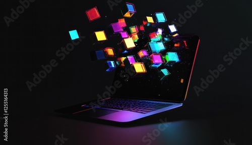 Neon Cubes Emerging from a Laptop Screen: Digital Innovation