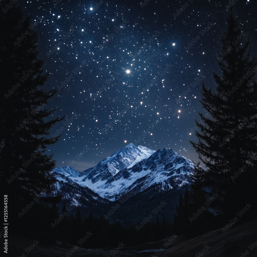 Naklejka premium Snowy mountain peak under starry night sky, viewed through trees