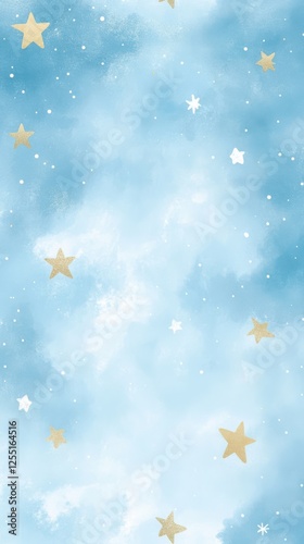 Hand-Drawn Snowflakes with Golden Stars on Pastel Background