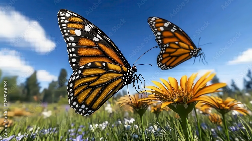 Fototapeta premium Two butterflies in flight over a field of wildflowers under a partly cloudy sky, vibrant colors of orange, black, and white contrast with the blue