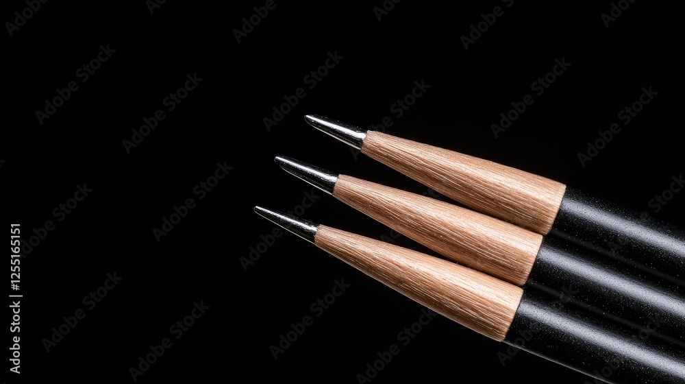 Close-up of three pencils against black background Close-up of three pencils against black background