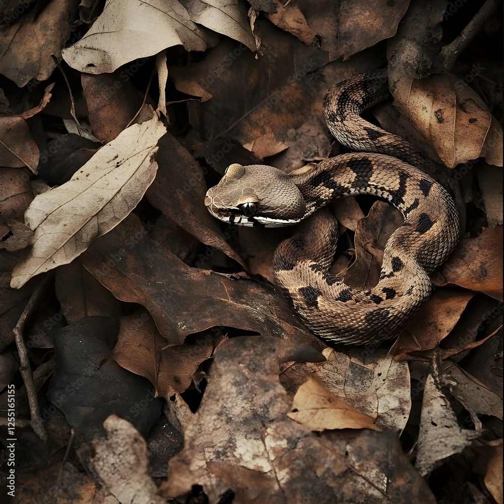 A camouflaged viper lying still in dry leaves, its scales blending in with the forest floor. A camouflaged viper lying still in dry leaves, its scales blending in with the forest floor.