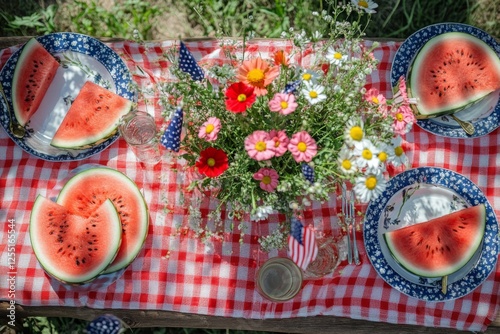 Outdoor picnic table with fresh fruit and checkered cloth photo