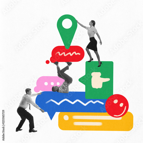 Group of workers stacking digital symbols, including hashtags, profile icons, and messages, illustrating teamwork in structuring online engagement and expanding digital reach. Concept of digital photo