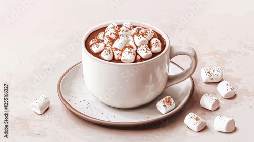 A cozy cup of hot chocolate topped with marshmallows sits on a plate, surrounded by scattered marshmallows, evoking warmth and comfort.