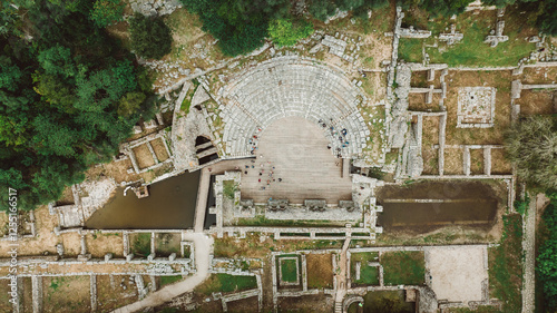 Shot drone cenital Butrint Roman amphitheater and ruins in Albania 