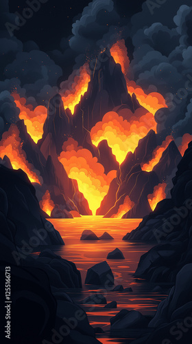Fiery Eruption of Volcano with Lava Flowing into Ocean at Night with Dramatic Cloudscape