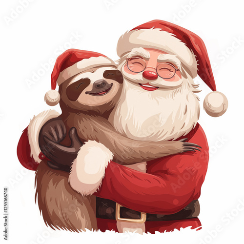 Funny illustration of a cute sloth hugging Santa Claus. Ai generated
