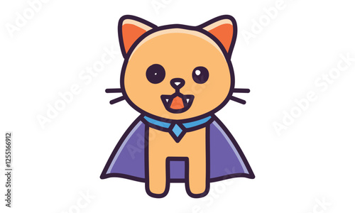 A cute cat with tiny fangs, wearing a cape.