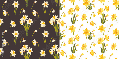 Seamless pattern with daffodils on white and dark background. Spring flower narcissus. Pattern set. Vector fabric swatch