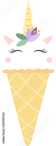 Delicious unicorn ice cream featuring closed eyes, a golden horn, and a vibrant purple flower creates a whimsical treat, perfect for summer desserts and joyful birthday celebrations