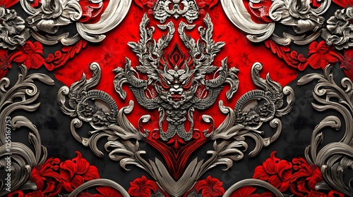 Vibrant fabric pattern design, intricate floral motifs on a rich red background, ideal for textiles or interior decor.