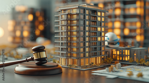 Model of a Modern Building with Gavel and Legal Documents on Desk Representing Real Estate Law and Property Development
