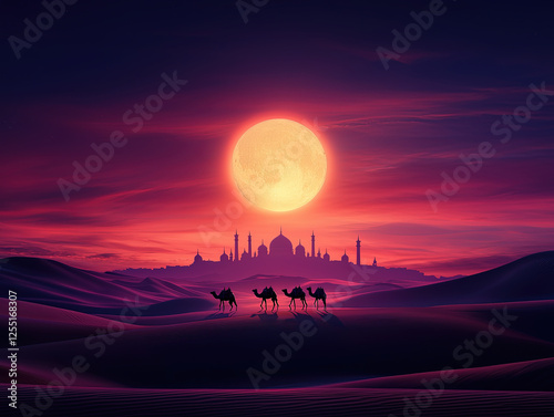 Ramadan Scene with Full Moon and Camels