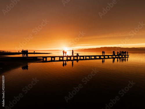 Golden Sunset Over the Ebro Delta Pier, Catalonia, Spain: Silhouettes Reflected in Tranquil Waters