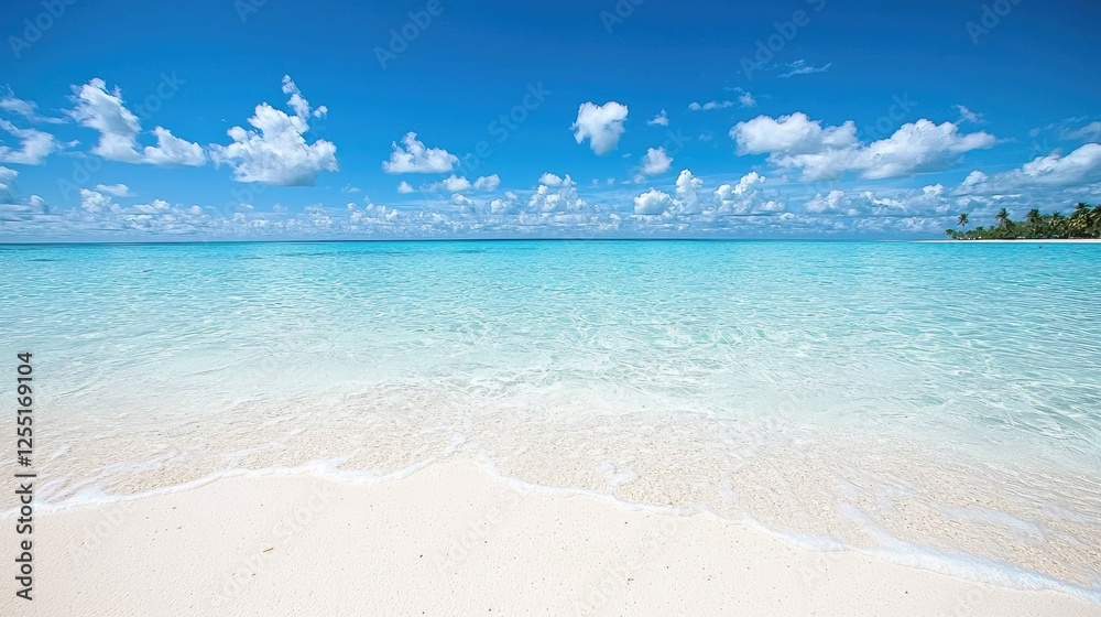 Fototapeta premium Tropical Beach Shoreline; calm turquoise water, white sand, bright blue sky; idyllic vacation destination; scenic; postcard