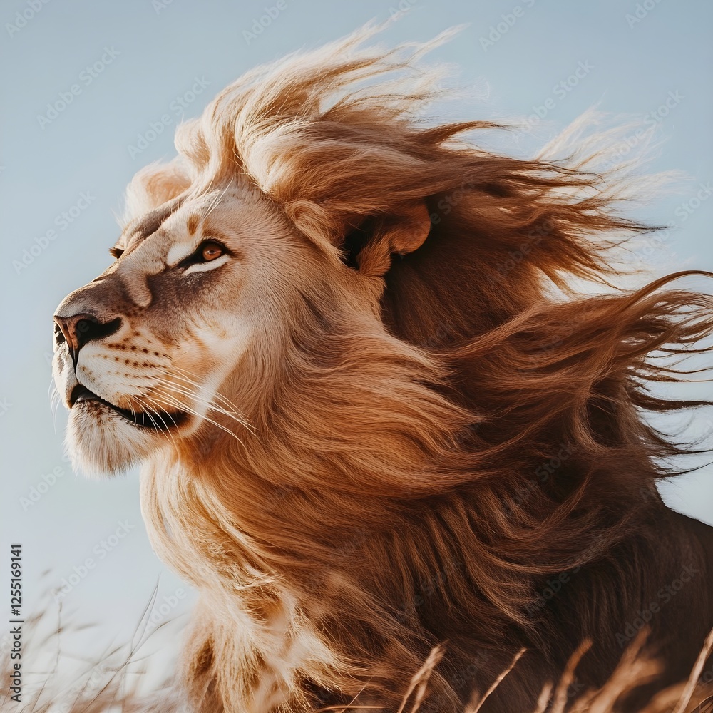 Naklejka premium A close-up of a lion’s golden mane blowing in the wind, its amber eyes filled with wisdom.
