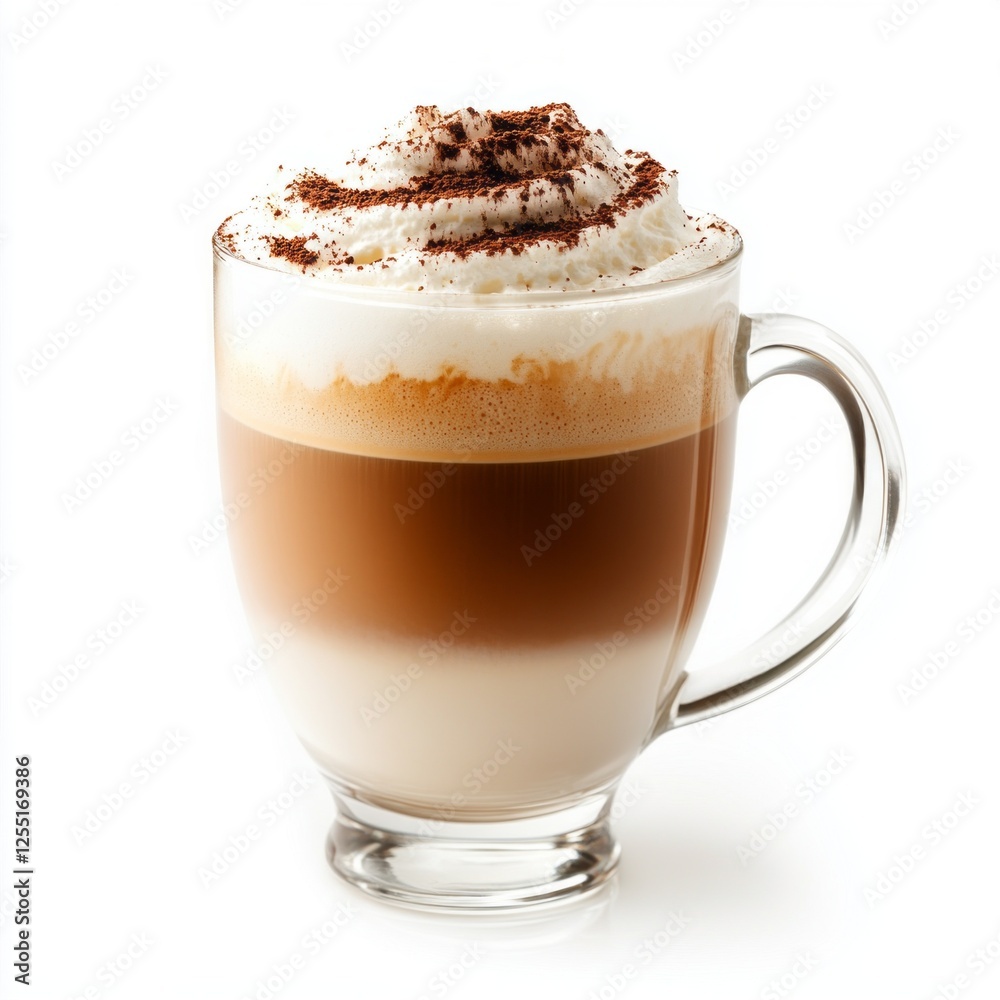 A decadent cappuccino showcases layers of rich espresso and velvety milk, crowned with a generous swirl of whipped cream and a sprinkle of cocoa. Perfect for a cozy cafe moment A decadent cappuccino showcases layers of rich espresso and velvety milk, crowned with a generous swirl of whipped cream and a sprinkle of cocoa. Perfect for a cozy cafe moment