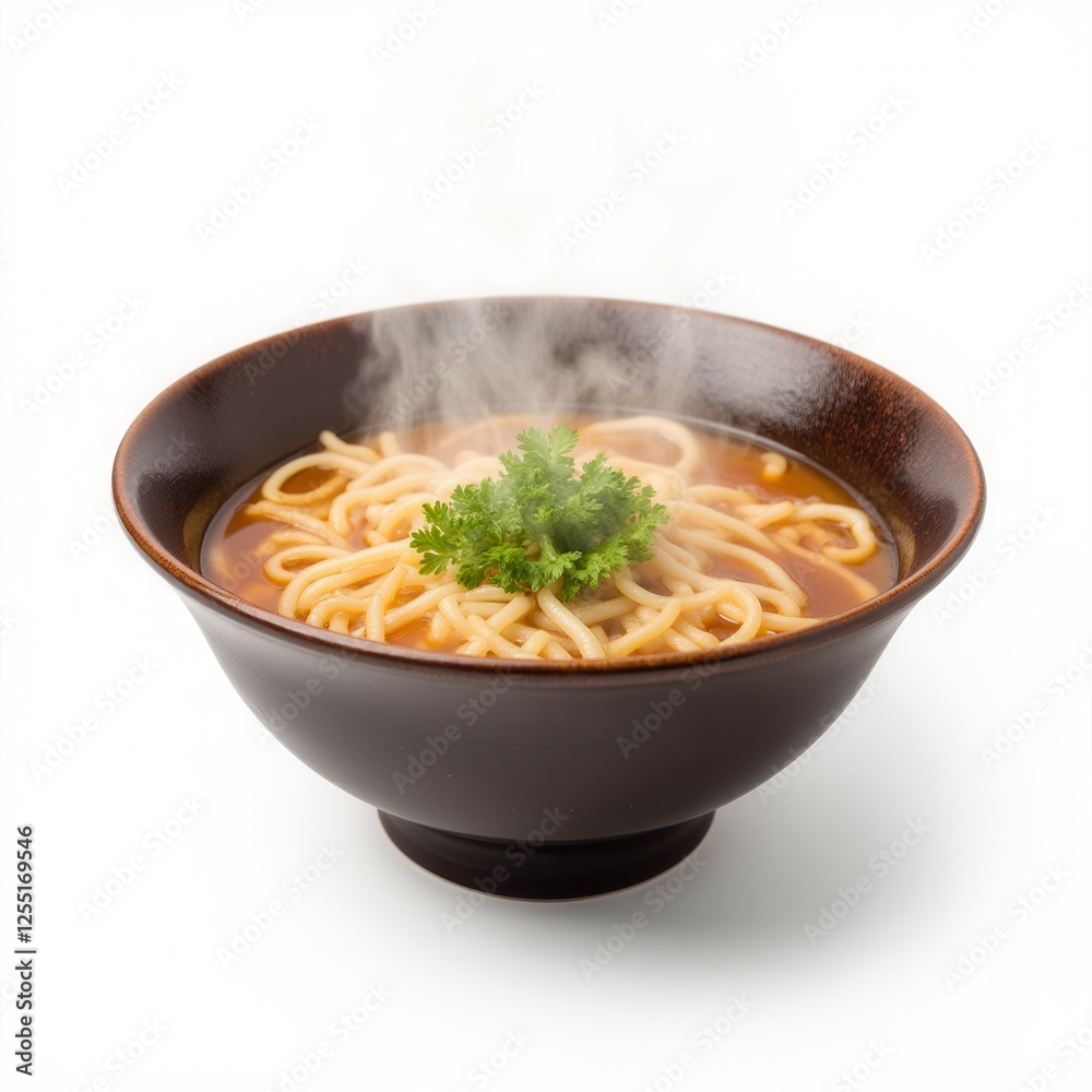 A steaming bowl of noodles garnished with fresh herbs, served in a dark bowl, showcasing a delicious and comforting dish. A steaming bowl of noodles garnished with fresh herbs, served in a dark bowl, showcasing a delicious and comforting dish.