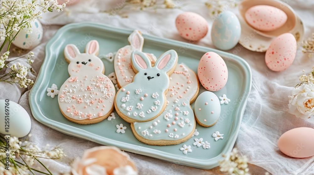 A festive Easter table featuring bunny sugar cookies displayed on a pastel ceramic tray, surrounded by decorated eggs and tiny flowers A festive Easter table featuring bunny sugar cookies displayed on a pastel ceramic tray, surrounded by decorated eggs and tiny flowers